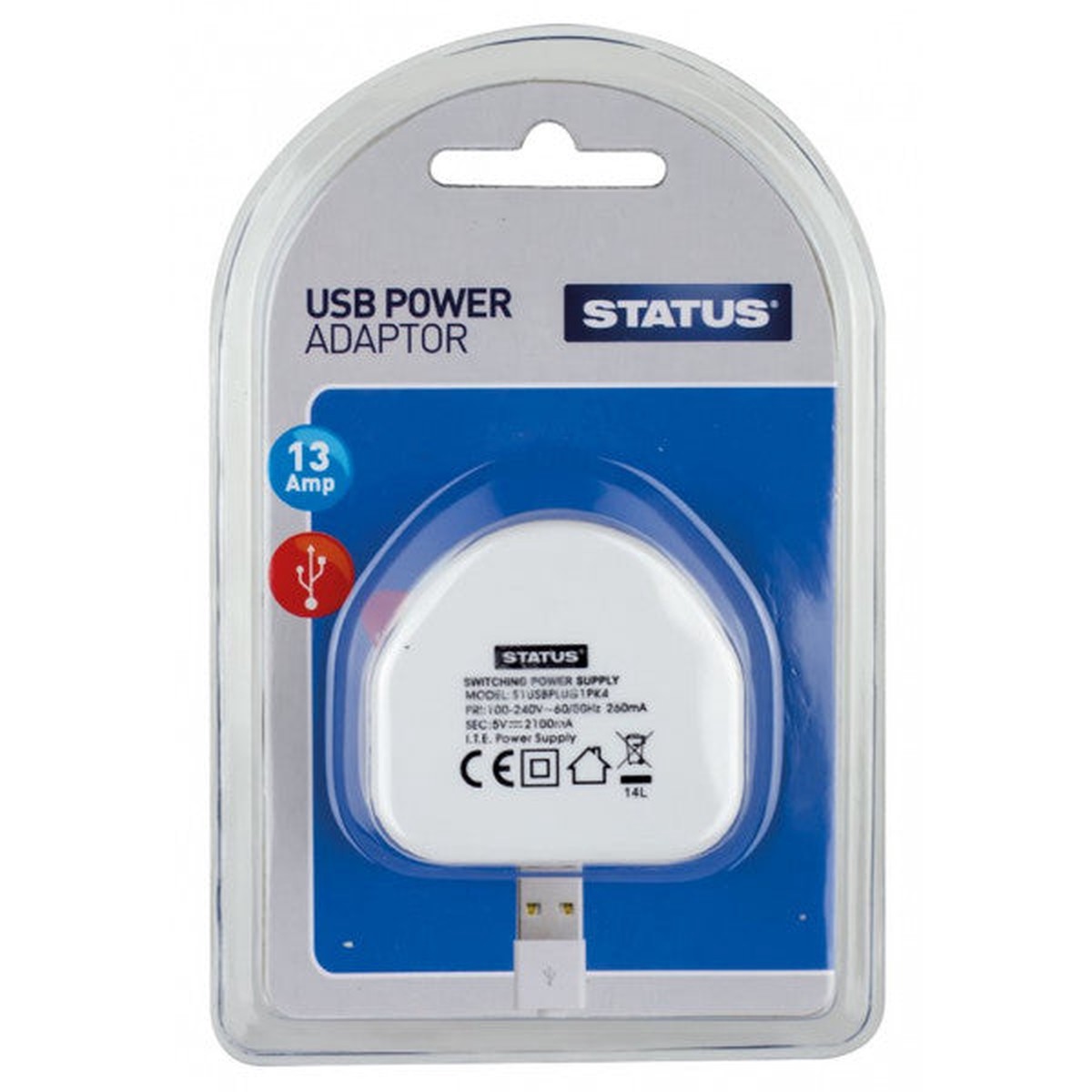 Status USB Power Adaptor - 13A - Single Pack - S1USBPLUG1PK4