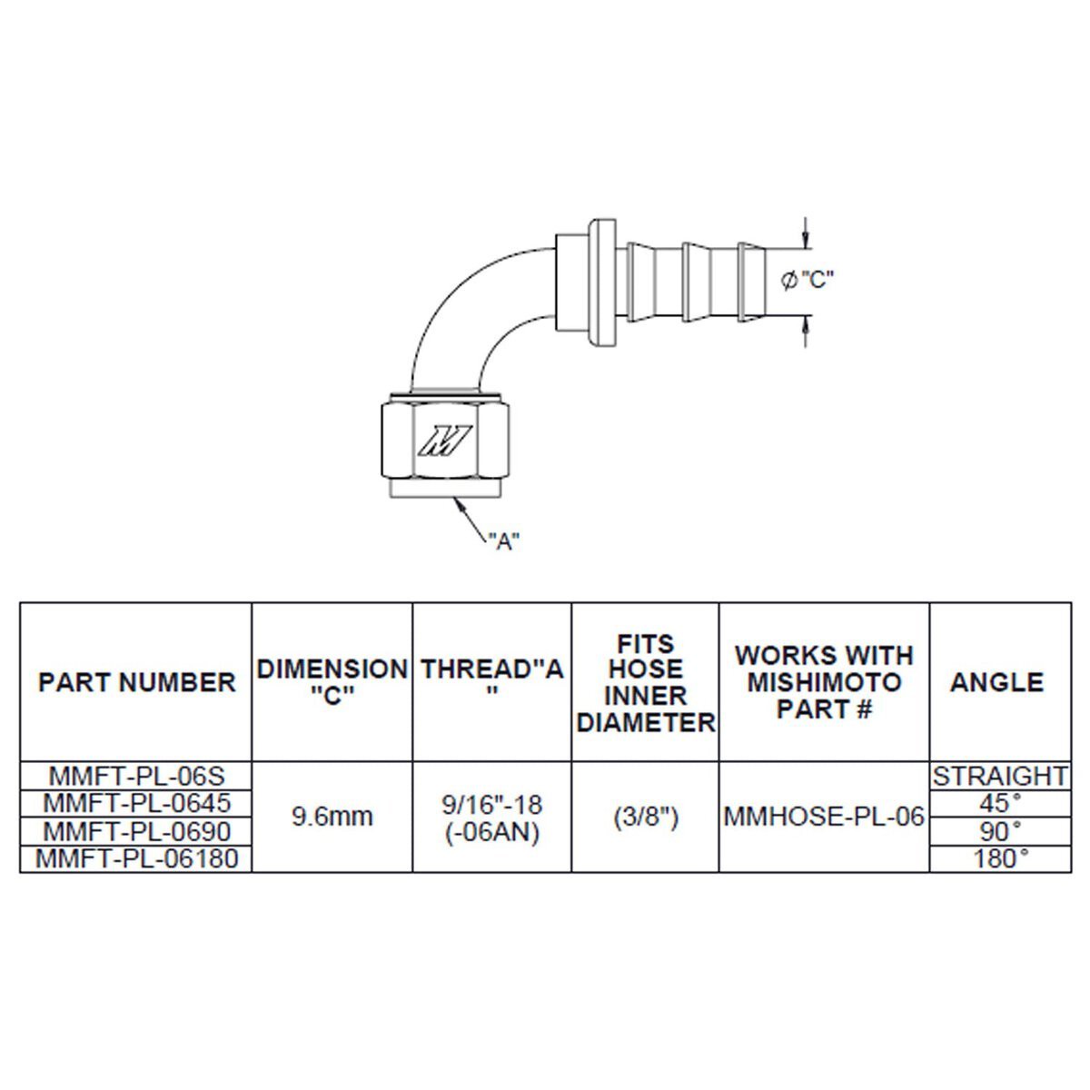 180-Degree Push Lock Fitting, -6AN  MMFT-PL-6180