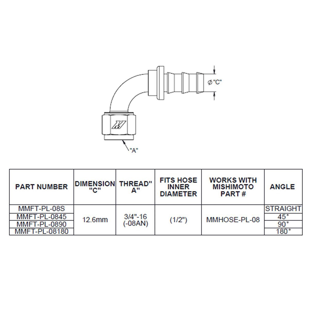 180-Degree Push Lock Fitting, -8AN  MMFT-PL-8180