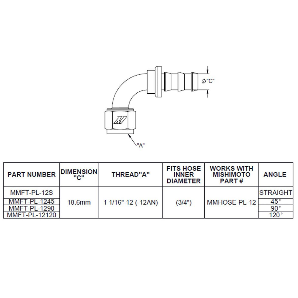 45-Degree Push Lock Fitting, -12AN  MMFT-PL-1245