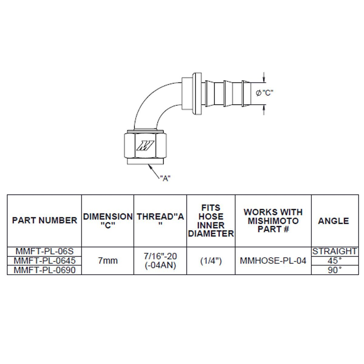 Straight Push Lock Fitting, -4AN  MMFT-PL-4S