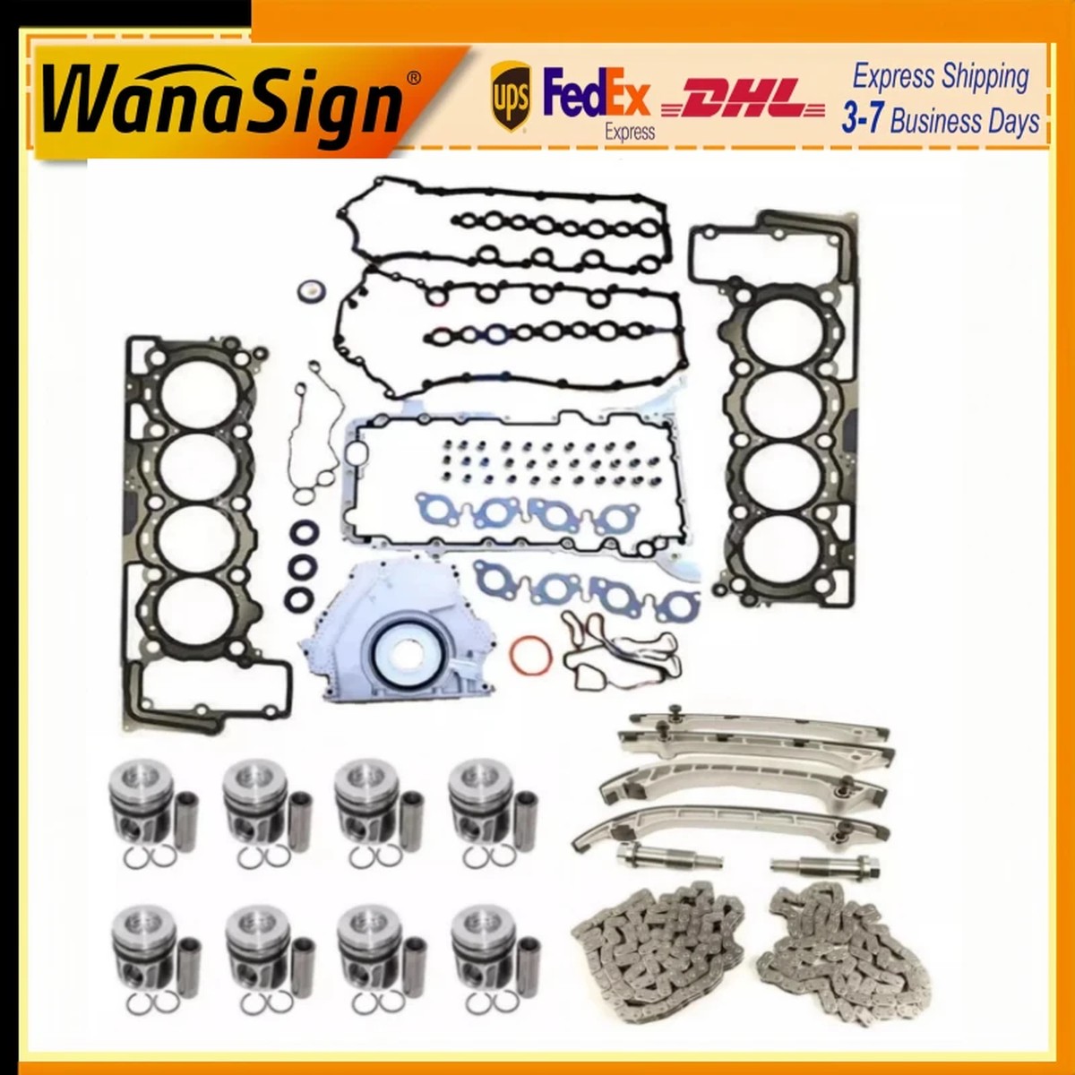 Full Gasket Timing Chain Kit w/ Piston Set For Land Rover 448DT 4.4L LR023496
