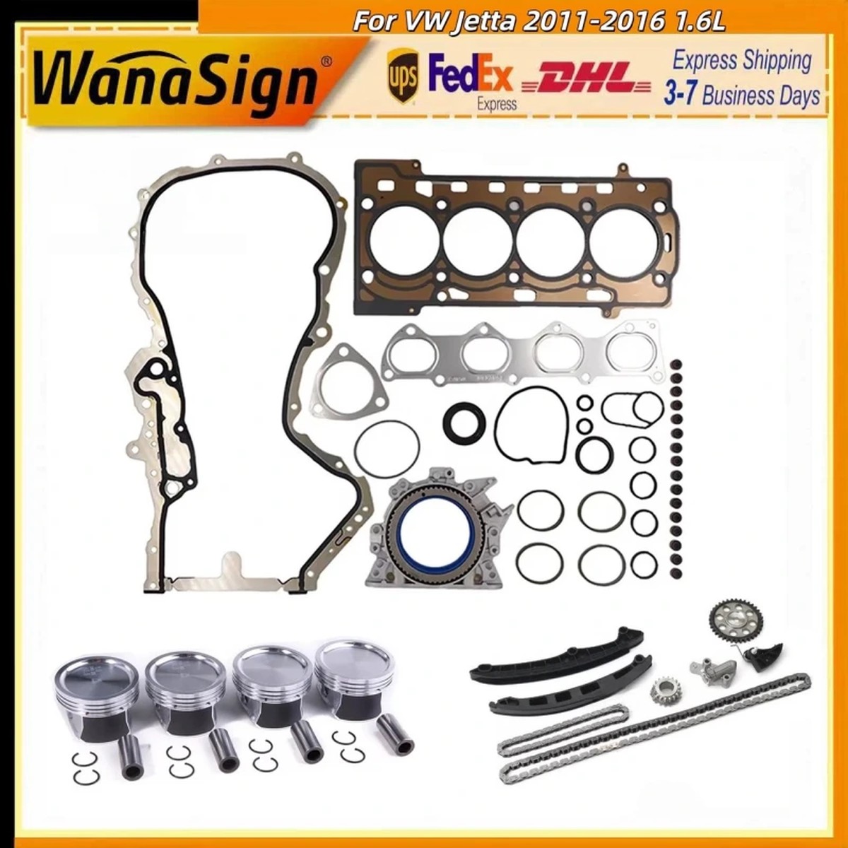 Wanasign Engine Rebuild Kit Timing chain Pistons Rings For VW Jetta 1.6L EA111 11-16