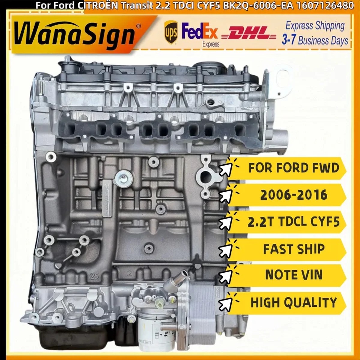 Wanaslgn Long Block Engine For Ford Citroen Transit 2.2L TDCI CYF5 BK2Q-6006-EA