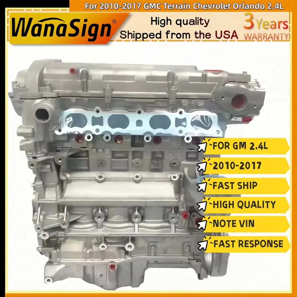 Long Block Engine Assembly For 10-17 GMC Terrain Chevrolet Buick LaCrosse 2.4L