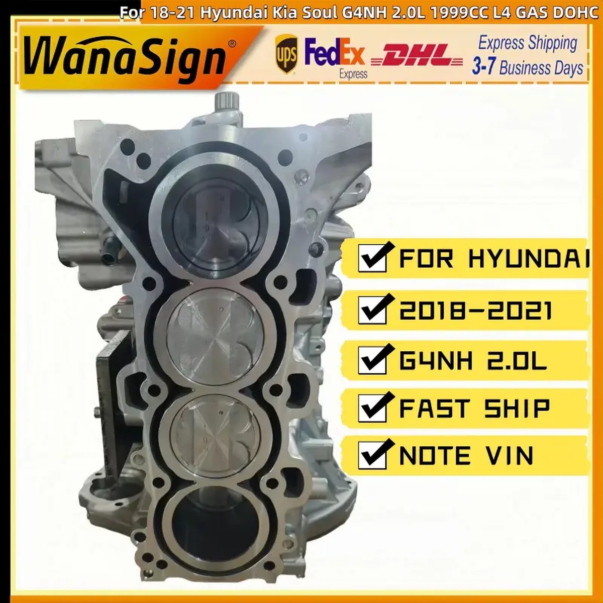 Short Block Engine Assy For 18-21 Hyundai Kia Soul G4NH 2.0L 1999CC L4 GAS DOHC