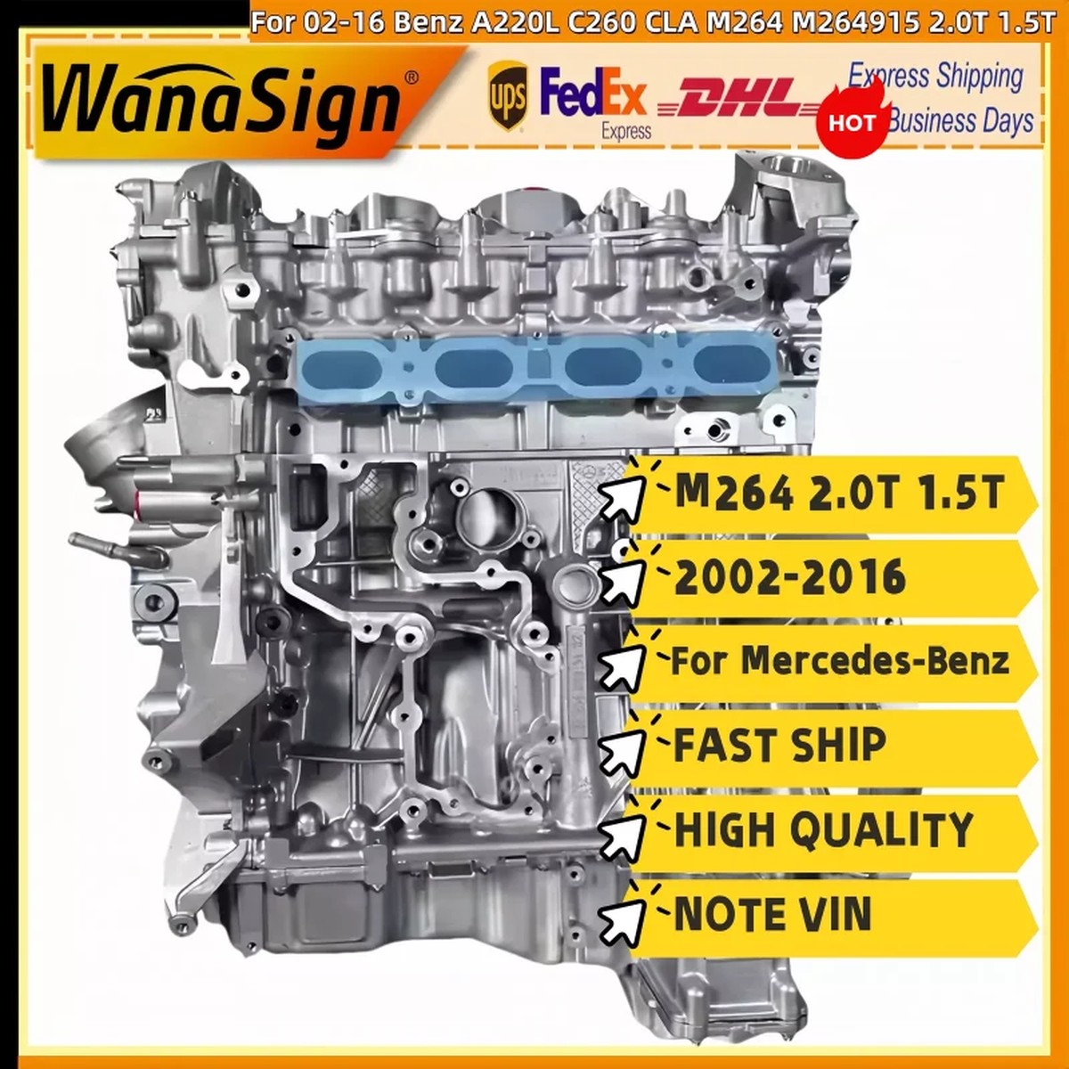 Long Block Engine Assembly For 02-16 Benz A220L C260 CLA M264 M264915 2.0T 1.5T