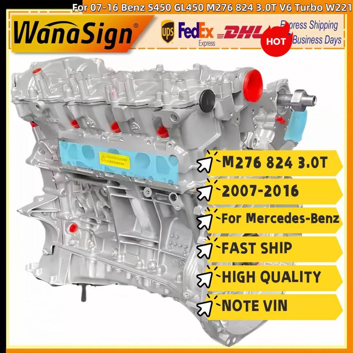 Long Block Engine Assembly For 07-16 Benz S450 GL450 M276 824 3.0T V6 Turbo W221